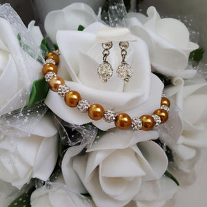 Handmade pearl and pave crystal rhinestone bracelet and stud earring jewelry set - copper or custom color - Bridal Sets - Bracelets Sets - Gift For Bridesmaids