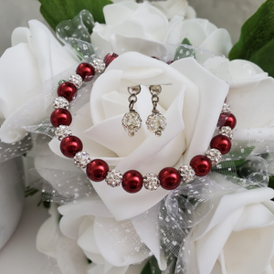 Handmade pearl and pave crystal rhinestone bracelet and stud earring jewelry set - bordeaux red or custom color - Bridal Sets - Bracelets Sets - Gift For Bridesmaids