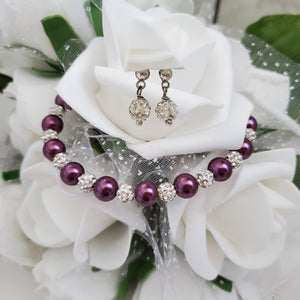 Handmade pearl and pave crystal rhinestone bracelet and stud earring jewelry set - burgundy red or custom color - Bridal Sets - Bracelets Sets - Gift For Bridesmaids