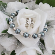 Load image into Gallery viewer, Handmade pearl and pave crystal rhinestone bracelet and stud earring jewelry set - dark grey or custom color - Bridal Sets - Bracelets Sets - Gift For Bridesmaids