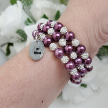 Load image into Gallery viewer, A handmade pearl and pave crystal expandable, multi-layer, wrap charm bracelet for a #1 mom - burgundy red or custom color - #1 Mom Gifts - #1 Mom Bracelet - Mom Gift Ideas