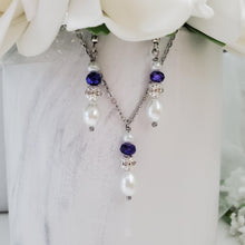 Load image into Gallery viewer, Handmade pearl and crystal drop pendant and dangle earring set - white and blue or custom color - Earring Sets - Pearl Jewelry Set - Necklace And Earring Set