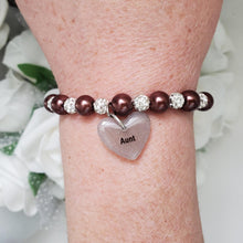 Load image into Gallery viewer, Handmade pearl and pave crystal rhinestone aunt charm bracelet, chocolate brown or custom color - Aunt Gift - Aunt Bracelet - Aunt To Be Gift
