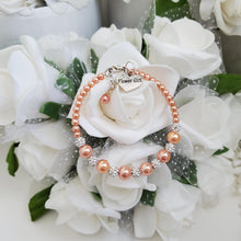 Load image into Gallery viewer, Handmade pearl and pave crystal rhinestone flower girl charm bracelet - powder orange or custom color - Flower Girl Bracelet-Bridal Bracelets-Flower Girl Gift