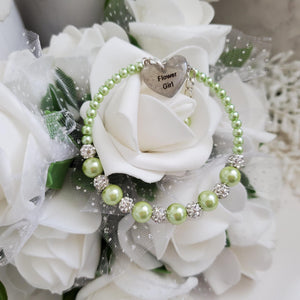 Handmade pearl and pave crystal rhinestone flower girl charm bracelet - light green or custom color - Flower Girl Bracelet-Bridal Bracelets-Flower Girl Gift
