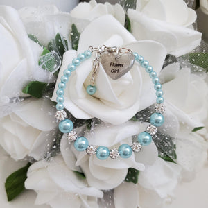 Handmade pearl and pave crystal rhinestone flower girl charm bracelet - light blue or custom color - Flower Girl Bracelet-Bridal Bracelets-Flower Girl Gift