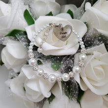 Load image into Gallery viewer, Handmade pearl and pave crystal rhinestone flower girl charm bracelet - white or custom color - Flower Girl Bracelet-Bridal Bracelets-Flower Girl Gift