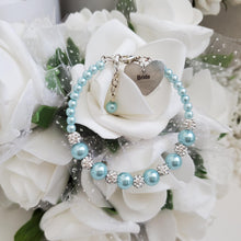 Load image into Gallery viewer, Handmade pearl and pave crystal rhinestone bride charm bracelet - light blue or custom color - Bridesmaid Bracelet-Bridal Bracelets-Bridesmaid Jewelry