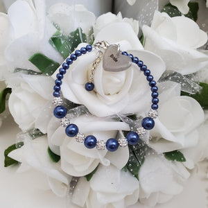 Handmade pearl and pave crystal rhinestone bride charm bracelet - dark blue or custom color - Bridesmaid Bracelet-Bridal Bracelets-Bridesmaid Jewelry
