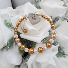 Load image into Gallery viewer, Handmade pearl and pave crystal rhinestone bride charm bracelet - copper or custom color - Flower Girl Bracelet-Bridal Bracelets-Flower Girl Gift