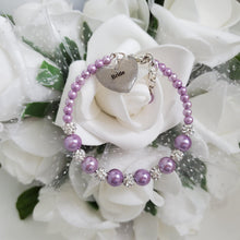 Load image into Gallery viewer, Handmade pearl and pave crystal rhinestone bride charm bracelet - lavender purple or custom color - Bridesmaid Bracelet-Bridal Bracelets-Bridesmaid Jewelry