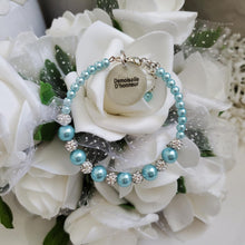 Load image into Gallery viewer, Handmade pearl and pave crystal rhinestone demoiselle d&#39;honneur charm bracelet - light blue or custom color - Maid of Honor Bracelet - Bridal Party Jewelry