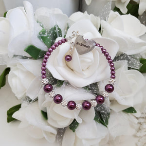 Handmade pearl and pave crystal rhinestone bridesmaid charm bracelet - burgundy red or custom color - Flower Girl Bracelet-Bridal Bracelets-Flower Girl Gift