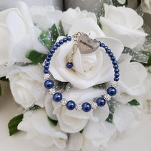 Load image into Gallery viewer, Handmade pearl and pave crystal rhinestone bridesmaid charm bracelet - dark blue or custom color - Maid of Honor Bracelet - Bridal Party Jewelry