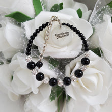 Load image into Gallery viewer, Handmade pearl and pave crystal rhinestone demoiselle d&#39;honneur charm bracelet - black or custom color - Maid of Honor Bracelet - Bridal Party Jewelry