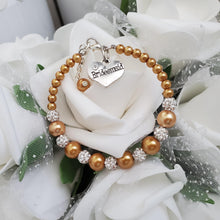 Load image into Gallery viewer, Handmade pearl and pave crystal rhinestone bridesmaid charm bracelet - copper or custom color - Maid of Honor Bracelet - Bridal Party Jewelry