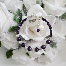 Load image into Gallery viewer, Handmade pearl and pave crystal rhinestone demoiselle d&#39;honneur charm bracelet - dark purple or custom color - Maid of Honor Bracelet - Bridal Party Jewelry