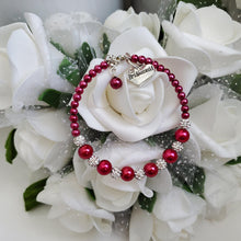 Load image into Gallery viewer, Handmade pearl and pave crystal rhinestone bridesmaid charm bracelet - dark pink or custom color - Flower Girl Bracelet-Bridal Bracelets-Flower Girl Gift