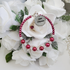 Handmade pearl and pave crystal rhinestone dame d'honneur charm bracelet - bordeaux red or custom color - Maid of Honor Bracelet - Bridal Party Jewelry