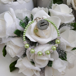 Handmade pearl and pave crystal rhinestone dame d'honneur charm bracelet - light green or custom color - Maid of Honor Bracelet - Bridal Party Jewelry