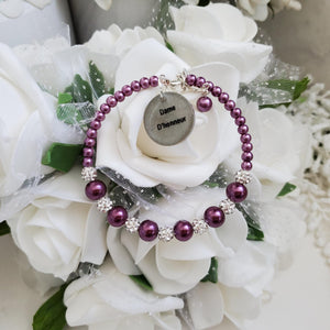 Handmade pearl and pave crystal rhinestone dame d'honneur charm bracelet - burgundy red or custom color - Maid of Honor Bracelet - Bridal Party Jewelry