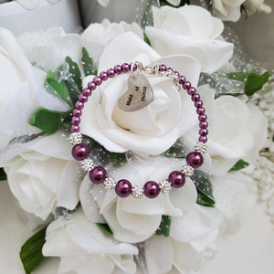 Handmade pearl and pave crystal rhinestone maid of honor charm bracelet - burgundy red or custom color - Maid of Honor Bracelet - Bridal Party Jewelry