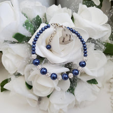 Load image into Gallery viewer, Handmade pearl and pave crystal rhinestone maid of honor charm bracelet - dark blue or custom color - Maid of Honor Bracelet - Bridal Party Jewelry