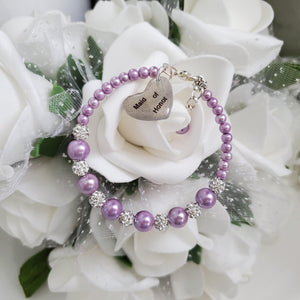 Handmade pearl and pave crystal rhinestone maid of honor charm bracelet - lavender purple or custom color - Maid of Honor Bracelet - Bridal Party Jewelry