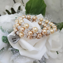 Load image into Gallery viewer, A handmade pearl and pave crystal expandable, multi-layer, wrap charm bracelet for a mama bear - champagne or custom color - #1 Mom Gifts - #1 Mom Bracelet - Mom Gift Ideas