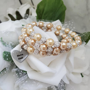 A handmade pearl and pave crystal expandable, multi-layer, wrap charm bracelet for a mama bear - champagne or custom color - #1 Mom Gifts - #1 Mom Bracelet - Mom Gift Ideas