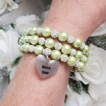 Load image into Gallery viewer, A handmade pearl and pave crystal expandable, multi-layer, wrap charm bracelet for a mama bear - light green or custom color - #1 Mom Gifts - #1 Mom Bracelet - Mom Gift Ideas