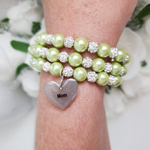 A handmade pearl and pave crystal expandable, multi-layer, wrap charm bracelet for mom - light green or custom color - #1 Mom Gifts - #1 Mom Bracelet - Mom Gift Ideas