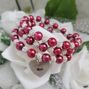 A handmade pearl and pave crystal expandable, multi-layer, wrap charm bracelet for mom - dark pink or custom color - #1 Mom Gifts - #1 Mom Bracelet - Mom Gift Ideas