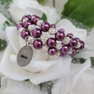 A handmade pearl and pave crystal expandable, multi-layer, wrap charm bracelet for mom - burgundy red or custom color - #1 Mom Gifts - #1 Mom Bracelet - Mom Gift Ideas