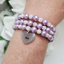 Load image into Gallery viewer, A handmade pearl and pave crystal expandable, multi-layer, wrap charm bracelet for mom - lavender purple or custom color - #1 Mom Gifts - #1 Mom Bracelet - Mom Gift Ideas