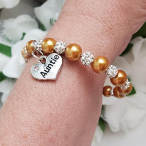 Handmade pearl and pave crystal rhinestone auntie charm bracelet, copper or custom color - Aunt Gift - Aunt Bracelet - Aunt To Be Gift