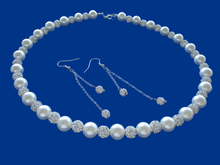 Load image into Gallery viewer, handmade pearl and crystal necklace accompanied by a pair of multi-strand crystal drop earrings