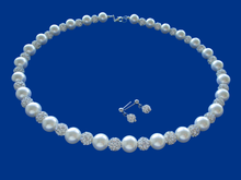 Load image into Gallery viewer, A handmade pearl and crystal necklace accompanied by a pair of crystal stud earrings.