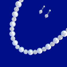 Load image into Gallery viewer,  handmade pearl and crystal necklace accompanied by a pair of crystal stud earrings