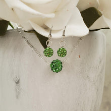 Load image into Gallery viewer, handmade floating pave crystal necklace accompanied by a pair of dangling earrings - peridot or custom color - Crystal Jewelry Set - Necklace And Earring Set
