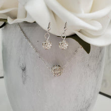 Load image into Gallery viewer, handmade floating pave crystal necklace accompanied by a pair of dangling earrings - silver clear or custom color - Crystal Jewelry Set - Necklace And Earring Set