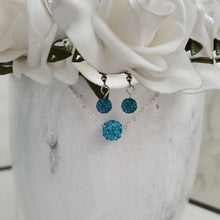 Load image into Gallery viewer, handmade floating pave crystal necklace accompanied by a pair of dangling earrings - aquamarine blue or custom color - Crystal Jewelry Set - Necklace And Earring Set