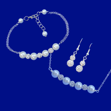 Load image into Gallery viewer, handmade pearl and crystal bar necklace accompanied by a matching bracelet and a pair of crystal drop earrings