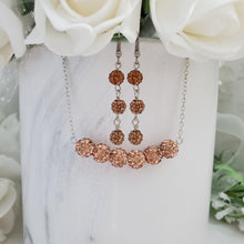 Load image into Gallery viewer, Handmade pave crystal rhinestone bar necklace accompanied by a pair of drop earrings - champagne or custom color - Rhinestone Necklace Set-Necklace Set-Necklace Earrings