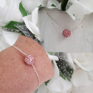 Handmade pave crystal rhinestone floating necklace accompanied by a matching bracelet - rosaline or custom color - Necklace And Bracelet Set - Necklace Set - Jewelry Set
