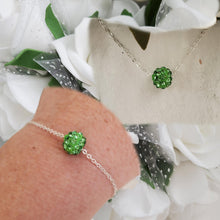 Load image into Gallery viewer, Handmade pave crystal rhinestone floating necklace accompanied by a matching bracelet - peridot (green) or custom color - Necklace And Bracelet Set - Necklace Set - Jewelry Set
