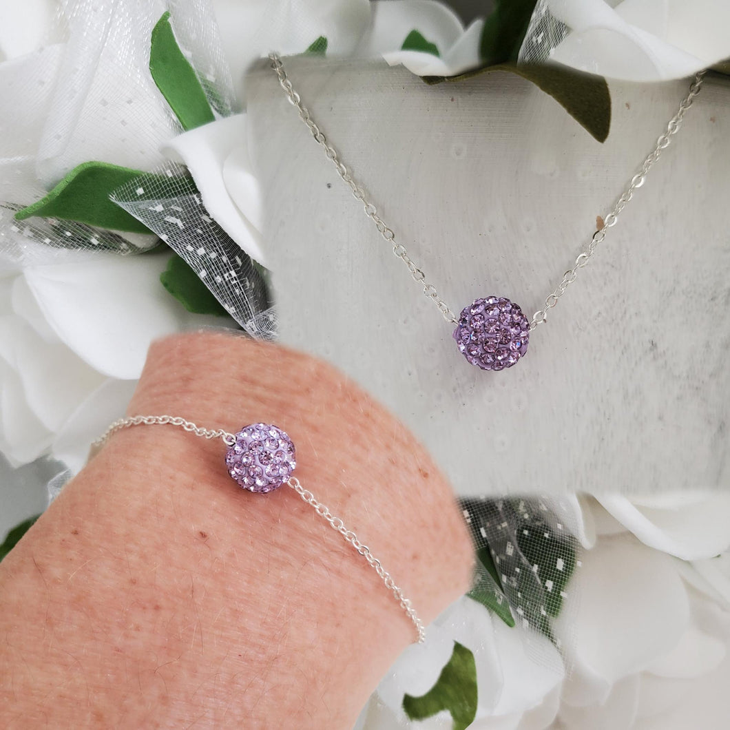Handmade pave crystal rhinestone floating necklace accompanied by a matching bracelet - violet or custom color - Necklace And Bracelet Set - Necklace Set - Jewelry Set
