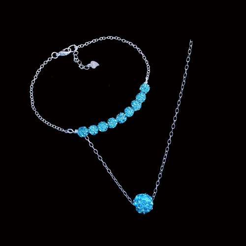 handmade floating crystal necklace accompanied by a bar bracelet, aquamarine blue or custom color