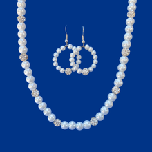 Load image into Gallery viewer, handmade pearl and crystal necklace accompanied by a pair of hoop earrings