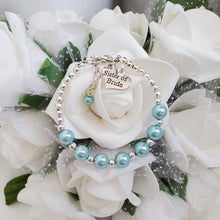 Load image into Gallery viewer, Handmade sister of the bride silver accented pearl charm bracelet, light blue or custom color - Sister of the Bride Pearl Bracelet - Bridal Bracelets